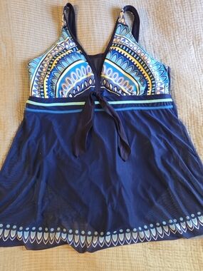 Navy Blue Swimdress with Aqua and White Pattern